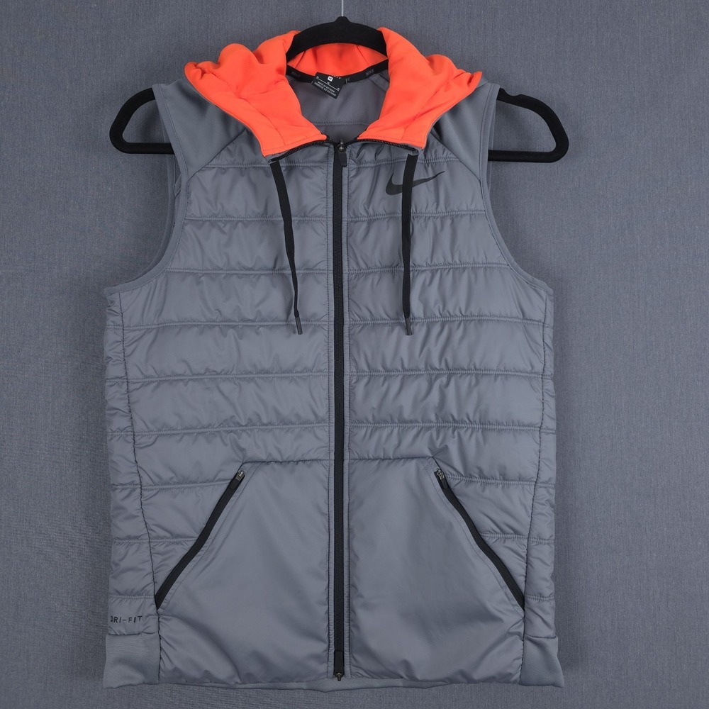 Nike Therma Training Hooded Vest Mens Medium Gray Orange DriFIT 864121-065